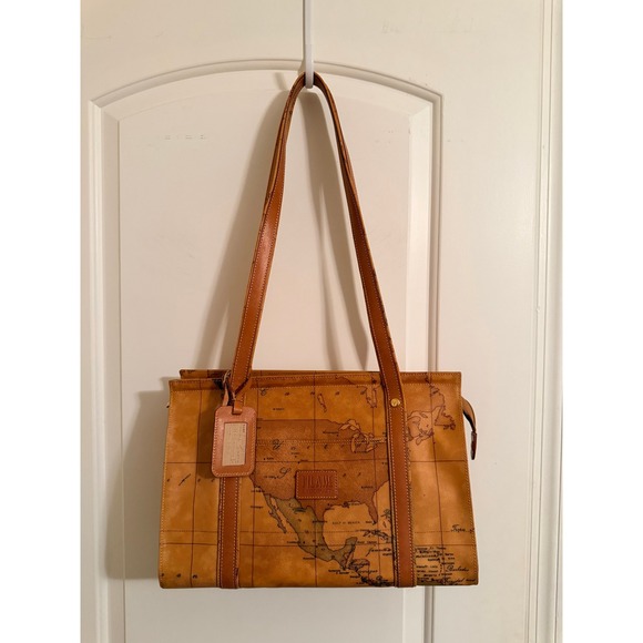 Alviero Martini Handbags - Alviero Martini‎ Rare 1A Classe Geo Map Tote Bag Tan Leather Large Shoulder Bag